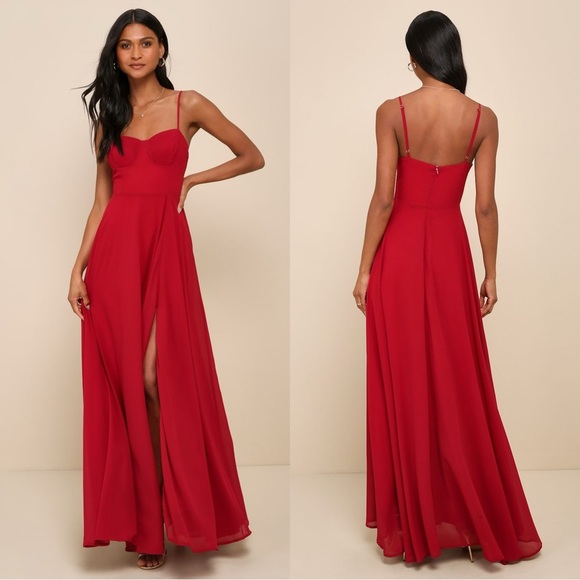 Sz M NWOT Lulus Cause for Commotion Red Pleated‎ Bustier Maxi Dress - Picture 1 of 9